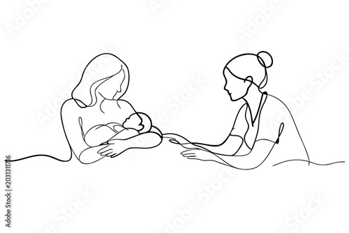 One line drawing of mother breastfeeding newborn with nurse, maternity care, lactation support and postpartum healthcare vector on transparent background