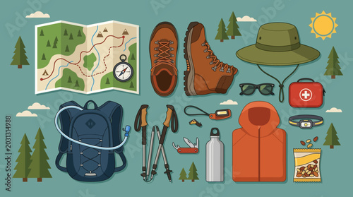 Hiking gear and accessories for outdoors.