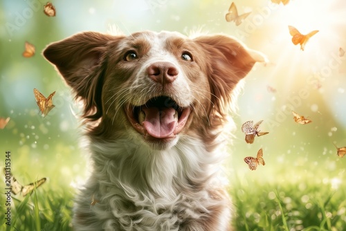 Happy Dog surrounded by Butterflies: A joyful dog with wide eyes and an open mouth smiles enthusiastically amidst a flurry of butterflies in a sun-drenched meadow.