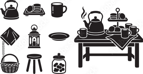 Black and white tea party icon set illustration
