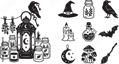 Halloween icons and objects in black and white