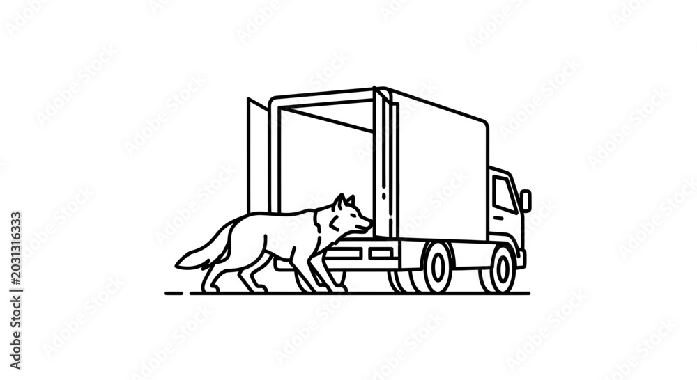 Fototapeta premium Wolf entering a delivery truck, concept of animal transport or unexpected cargo
