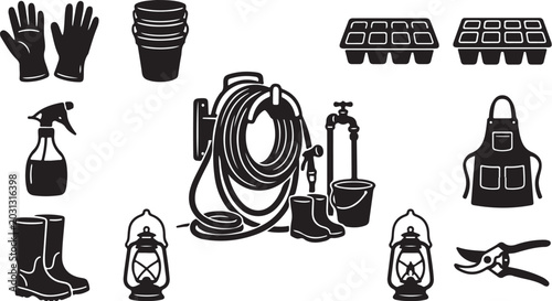 Firefighting equipment and tools icon set collection