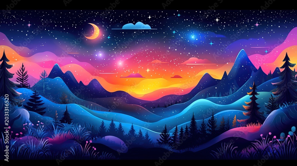 Fototapeta premium Dreamlike Mountain Sunset Panorama with Crescent Moon, Starry Sky, and Misty Pines