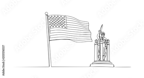 Obraz na plátně American Flag Waving Beside Soldier Monument Statue Outline Drawing