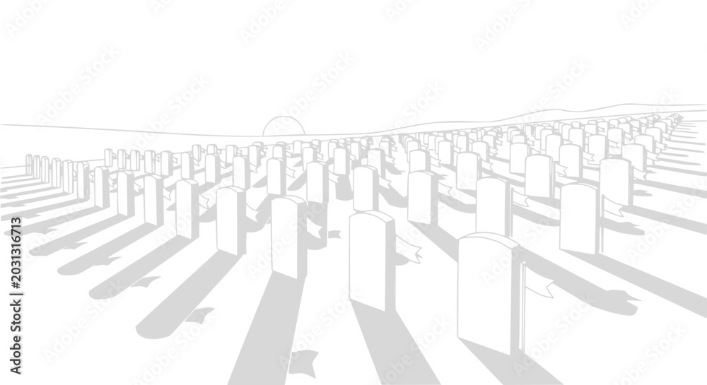 Fototapeta premium Rows of white gravestones in a field with long shadows and a distant sun.