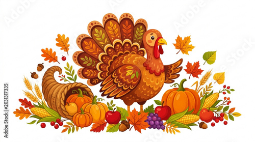 Vibrant thanksgiving turkey surrounded by autumn harvest fruits and vegetables