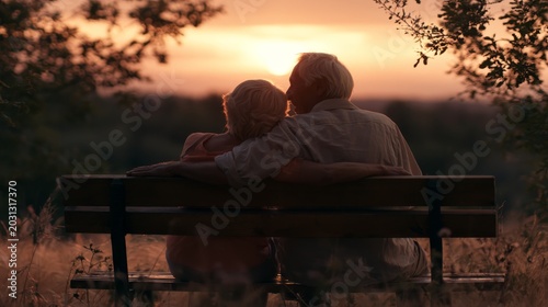 Timeless Embrace: An elderly couple sits on a park bench, silhouetted against a breathtaking sunset, their arms around each other in a moment of enduring love and quiet reflection.