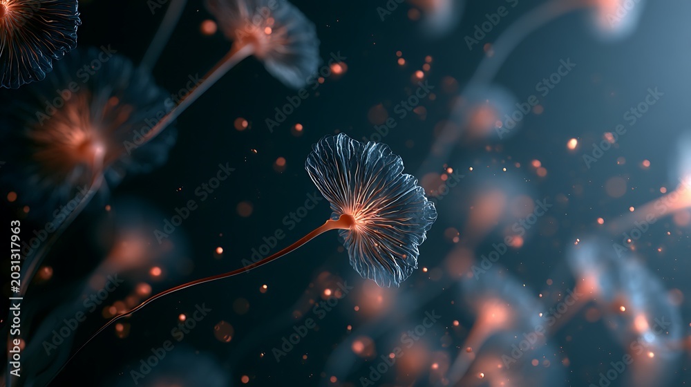 Fototapeta premium Abstract fungus spores with glowing organic dust particles, surreal microbiology texture background,