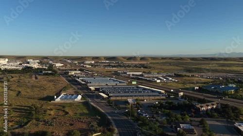 Aerial of industrial park in Boise Idaho in spring at sunset