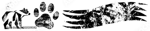 Rugged set of wild elements featuring a grizzly, a heavy paw print, and sharp claw swipes. This stencil style wilderness kit shows a forest dweller and predator tracks.