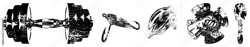 Fototapeta premium This collection features a heavy metal barbell, a fishing lure, a clenched fist, and a spoon. These distressed assets include a weightlifters iron and a tackle lure for rugged designs.