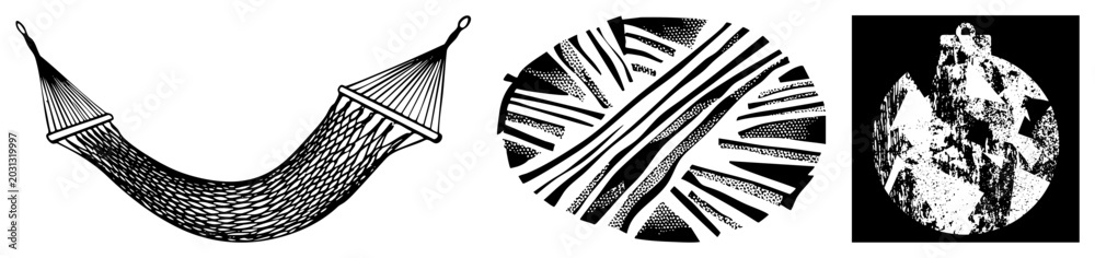 Obraz premium Collection of graphic elements featuring a curved mesh net, a striped circular emblem, and a grunge textured orb. This set includes a hammock style web and a gritty sphere.