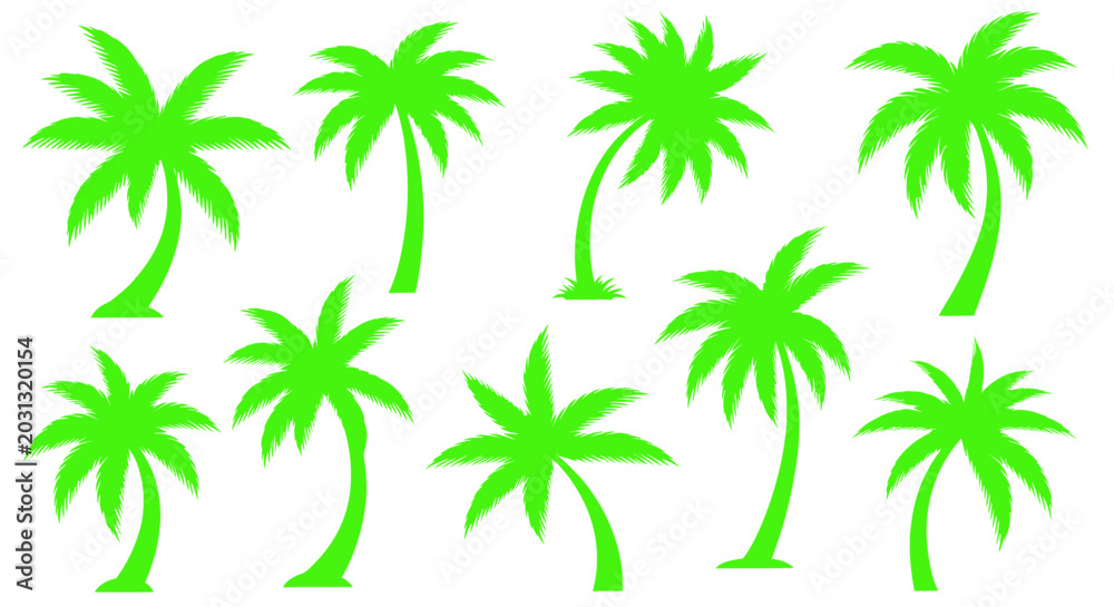 Fototapeta premium Green Palm Tree Silhouettes Collection, Tropical Vector Graphics