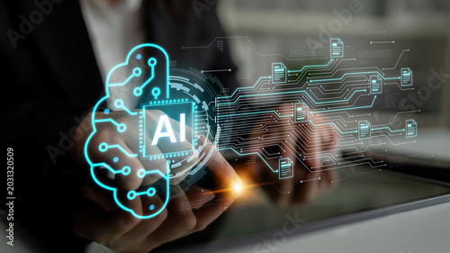 Foto Artificial intelligence using AI neural processing and circuit to transform AI data into actionable output by smart automated AI reasoning science