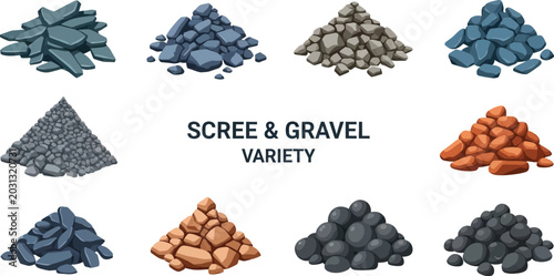 A collection of ten distinct piles of various scree gravel and stone materials arranged in a grid against a white background