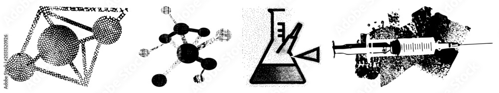 Obraz premium This grunge collection features a molecular cluster, a lab flask, and a medical syringe. These science use a halftone stipple effect, presenting a chemical setup or a tool for research.
