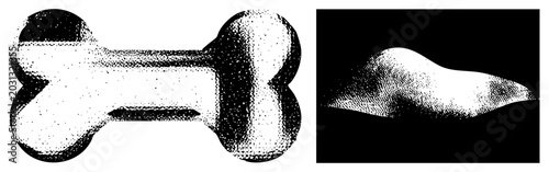 Gritty stipple drawing of a marrow bone and a textured meat slab. This old school ossuary piece features a heavy grain texture, resembling a weathered dog chew or a butcher cut.