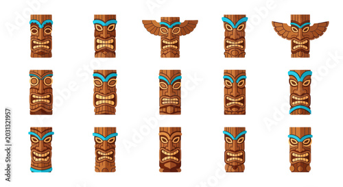 Collection of Wooden Tiki Totem Poles with Blue Accents on White Background