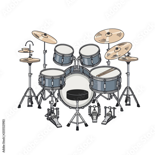 Obraz na plátně Drum Kit Illustration, Musical Instrument, Percussion Set, White Background