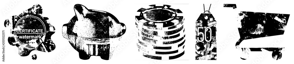 Fototapeta premium This gritty set features a textured piggy bank, a stack of casino chips, a sale tag, and a shopping cart. These worn out money saver tools and retail symbols use a heavy stencil aesthetic.