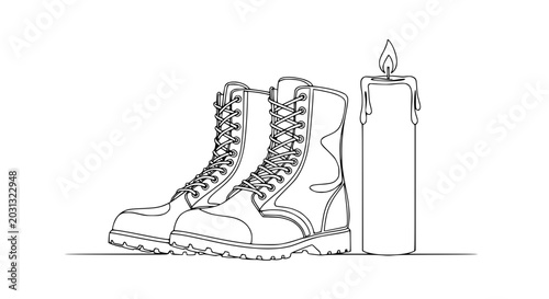 Obraz na płótnie Combat Boots and Burning Candle Line Art - Symbol of Remembrance, Sacrifice, and