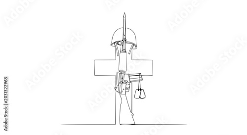 Foto Soldier's Cross Memorial: Rifle, Helmet, and Dog Tags - Line Art