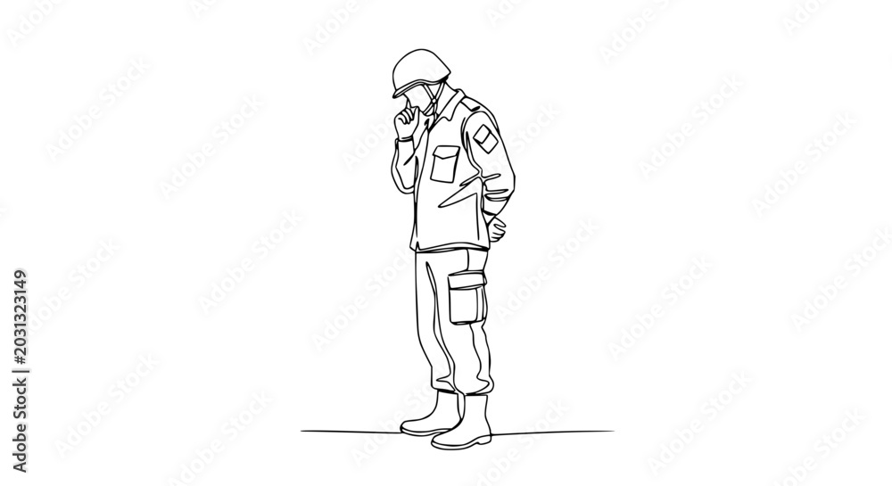 Obraz premium Soldier in uniform, helmet, thinking, pensive pose, line art illustration, isolated on white background