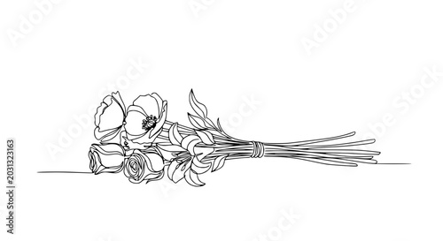 Minimalist Line Art Bouquet of Roses and Poppies, Continuous Drawing, Elegant Floral Design