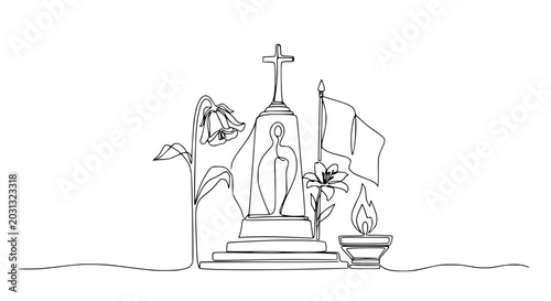 Tableau sur toile Memorial Monument with Cross, Flowers, Flag, and Candle - Single Line Art