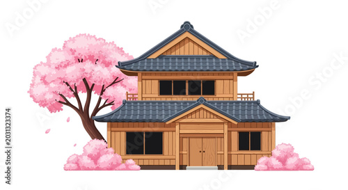 Foto Traditional Japanese House with Cherry Blossom Tree