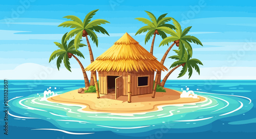 Tableau sur toile Tropical Island Hut with Palm Trees in Ocean