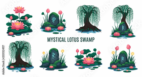Tableau sur toile A collection of eight illustrated elements featuring lotus flowers weeping willo