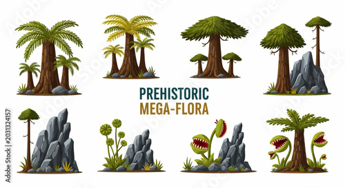 Bild auf Leinwand A collection of eight isolated cartoon illustrations depicting prehistoric plant