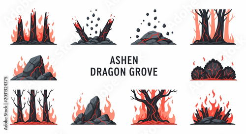 Obraz na plátne A collection of ten illustrations depicting burnt trees volcanic rocks and ember