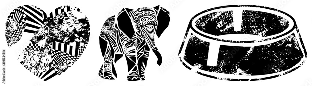 Obraz premium This textured collection features a stylized pachyderm paired with a fragmented heart. The distressed aesthetic provides a raw, stencil like feel for various creative projects.