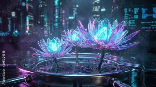 Futuristic glowing lotus flowers with bioluminescent petals emerging from a metallic platform with a neon city skyline in the background, digital art