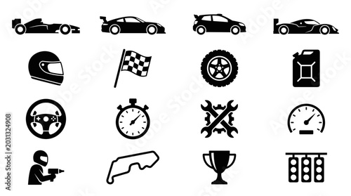 Tableau sur toile Motorsport and Car Racing Icon Set with Formula One Vehicle, Checkered Flag, Hel