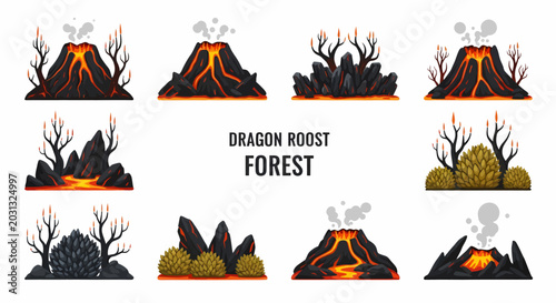 Foto A set of ten vectorstyle illustrations depicting volcanic landscapes jagged rock