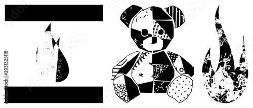This stylized teddy bear, a softie or cuddly toy, features a unique patchwork design. Accompanying it are two gritty flame elements, creating a bold grunge aesthetic.
