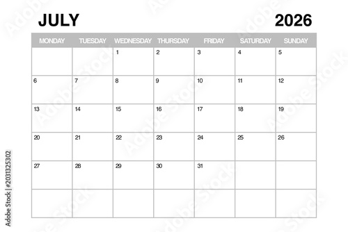 July 2026 Monthly Calendar Planner Template. 3d Rendering