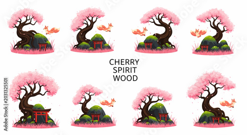 Tableau sur toile Eight illustrations of stylized cherry blossom trees on mossy rocks with miniatu
