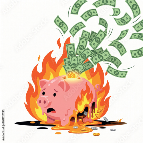 Financial crisis concept with a piggy bank ablaze, money dissolving in flames, symbolizing significant loss of savings, economic collapse, and budget depletion