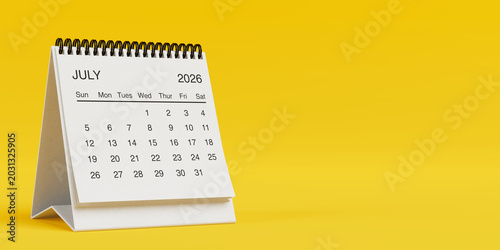 White Desk Monthly July 2026 Business Calendar. 3d Rendering