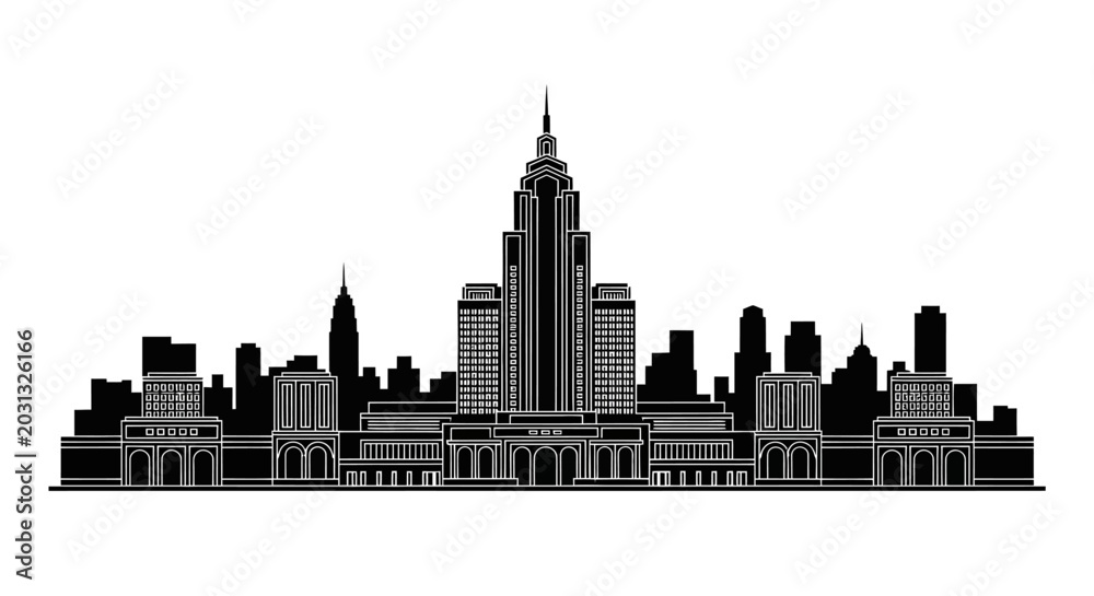 Fototapeta premium Minimalist Skyline Silhouette of an Iconic Art Deco Skyscraper