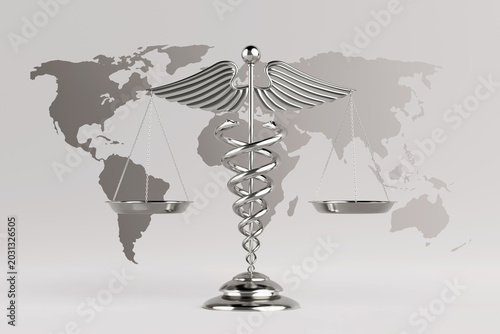 Global Healthcare Justice And Medical Ethics Concept. Silver Caduceus With Balanced Scales In Front Of World Map Showing International Health Law, Policy And Patient Rights. 3d Rendering