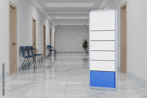 Healthcare Navigation Wayfinding And Clinic Orientation Concept. Blank Directory Sign In Modern Hospital Corridor With Chairs, Doors And Copy Space For Medical Services. 3d Rendering