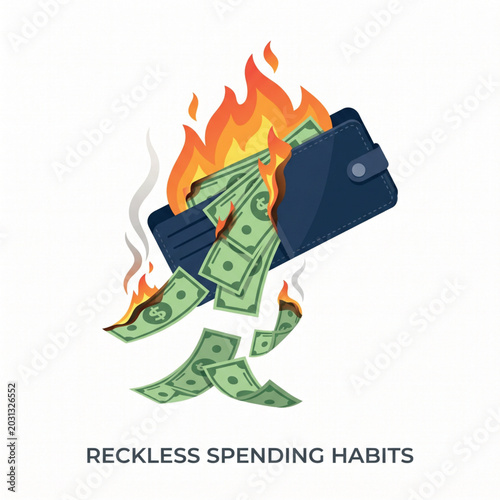 Vivid illustration of a burning wallet, money ablaze and falling, symbolizing reckless spending, financial crisis, and significant economic loss from poor management