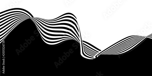 Tableau sur toile Black on white abstract perspective line wave stripes with 3d dimensional effect
