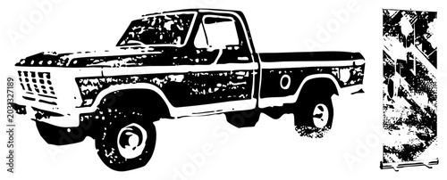 Rugged old rig featuring a weathered stencil aesthetic. This distressed pickup, often called a farm truck or workhorse, showcases heavy grit and high contrast textures.